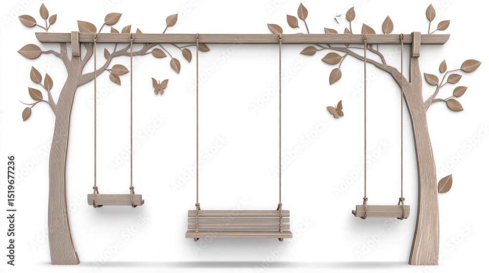 Fototapete A 3D rendering depicts a rustic wooden swing set suspended between stylized trees against a white background.  The design is minimalist and serene