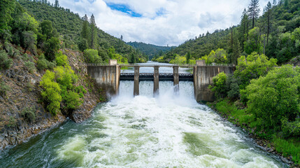 Stunning view of dam with water crashing through its gates, surrounded by lush green trees and scenic landscape. vibrant