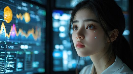 Naklejka premium Young Woman Analyzing Data on Digital Screen with Graphs and Charts