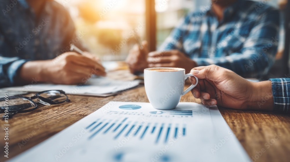 Aufkleber business discussion at a wooden table with coffee and charts in a modern setting during the afternoo