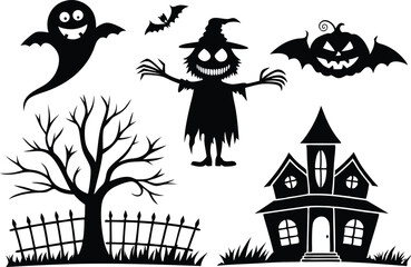 Halloween silhouettes spooky house ghost scarecrow and bats
