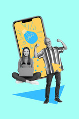 Image zine trend photo collage of happy business partners girl guy stand phone device light bulb...