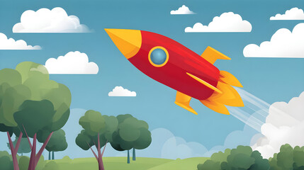 Colorful Rocket Launching into Blue Sky with Fluffy Clouds