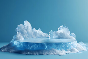 ice elegant podium mock-up stand product scene on blue background. Ice podium for advertising, Concept of cooling, beverage and technology.
