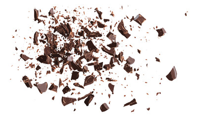 Pile milled chocolate isolated on white, top view, chopped chocolate, vector illustration, sweet treat, dessert concept, chocolate flakes, culinary art, food design.