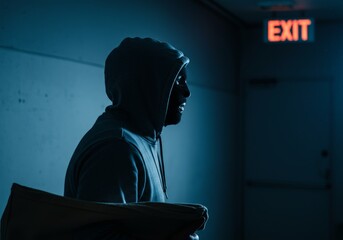 Silhouetted person in hoodie moving stealthily in dimly lit hallway, illuminated by an exit sign, suggesting a theme of stealth or theft