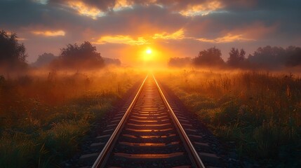 Obraz premium Misty railway track leading into a golden sunrise