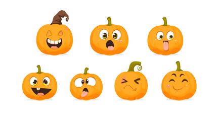Pumpkin Patch Pals: A cute Halloween vector collection illustrating six cartoon pumpkins in various cute expressions including a grinning jack-o’-lantern