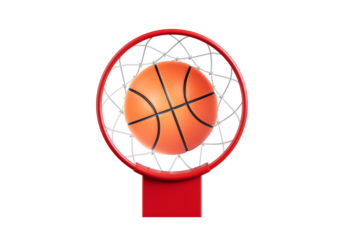 Close-up of a basketball on the edge of a hoop, transparent background