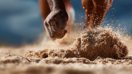 Closeup of Runner Sprinting on Sandy Beach at Sunset: Dynamic Athlete in Motion Showcasing Fitness, Speed, and Determination
