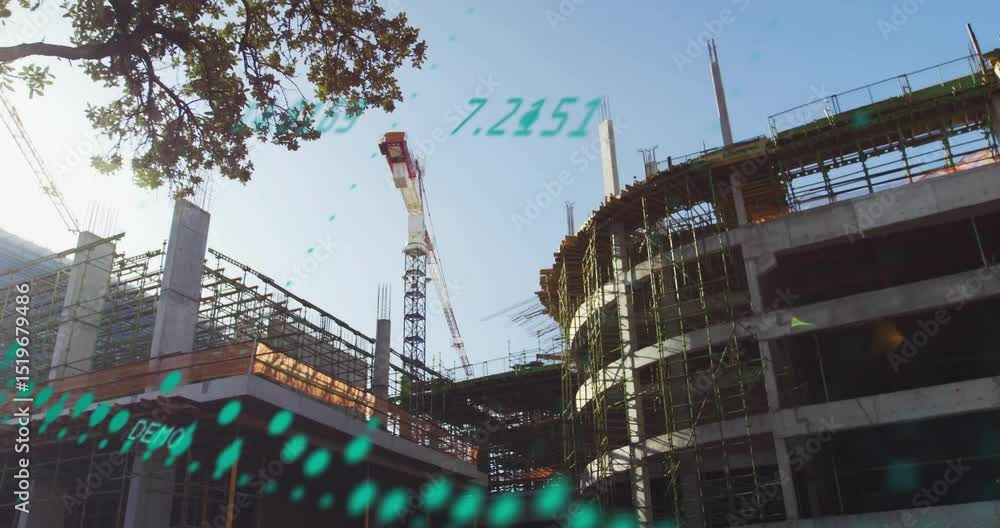Poster datapoint stream emerging from canopy sweeping across crane and scaffold mapping building status