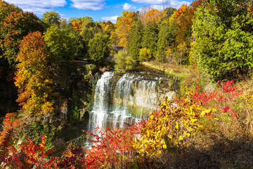 The Webster's Falls view along Spencer Gorge hiking trail in Hamilton, Ontario, Canada. Autumn Season.