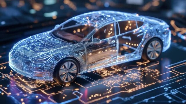 Electric Car Data Visualization: An innovative electric car design intricately interwoven with digital data streams, representing the synergy between technology and transportation in the modern era.