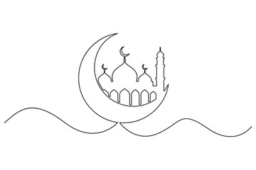 One line drawing of crescent moon and mosque ramadan kareem concept minimalist vector art
