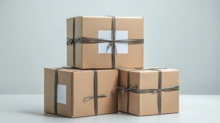 Stacked Brown Boxes with Ribbons on a Simple Background