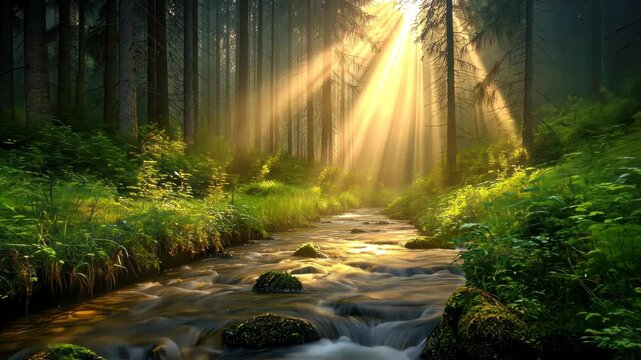 Sunlight streams through a misty forest, illuminating a babbling brook. Lush greenery surrounds the tranquil waterway