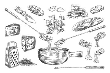 Vector pencil sketch of cheese fondue ingredients and equipment.