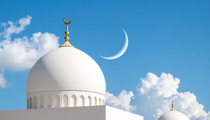 Magnificent mosque architecture with white dome under bright blue sky and beautiful crescent moon.