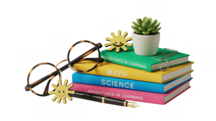 Colorful school books titled adventures in learning, math, and science stacked with eyeglasses, a pen, decorative suns, and a potted plant on a transparent background