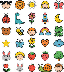 Obraz premium Cute colorful doodle icons for children featuring animals, nature, and fantasy elements on a white background