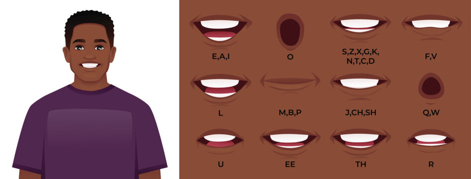Handsome African American man character mouth animation set. Vector illustration of male lips collection with sound pronunciation. 