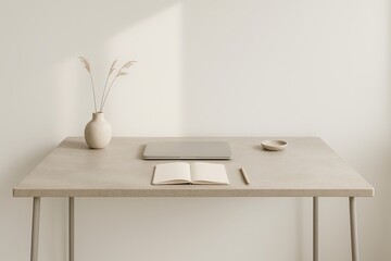 Concrete table with laptop, notebook, and dry plant vase in soft natural light, minimalist interior and lifestyle