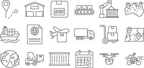 Logistics and supply chain line icon set. Vector illustrations of delivery, warehouse, freight, inventory, shipping, drone transport, global distribution and more in outline style.