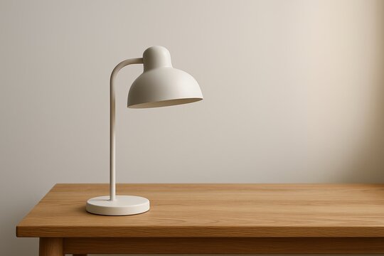 Minimalist white desk lamp on wooden surface against soft beige wall, minimalist interior and lifestyle