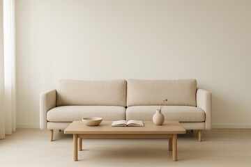 Top view of beige textured rug with wooden desk and chair on white floor, minimalist interior and lifestyle