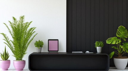 Minimal luxury office with black desk, modern decor, green plants, and digital tablet create calm workspace