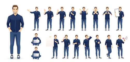 Set of young handsome man poses wearing blue shirt and jeans. Different poses set. Various gestures male character standing and sitting isolated vector illustration