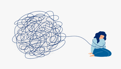 sad woman is bound by problems that weigh her down. Girl sits depressed and sad, with a tangle of hardships hanging over her. restriction of freedoms and rights. vector illustration
