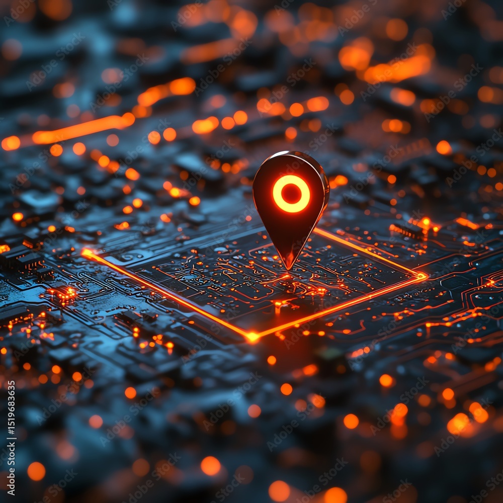 Poster glowing location pin on a digital circuit board futuristic technology concept high resolution for is