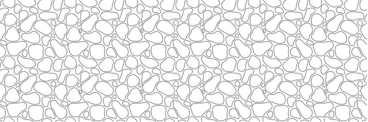 Round stone mosaic pattern. Outline white or transparent pebbles with black outline. Abstract vector seamless background with rounded elements. For interior, garden path template, beauty, spa, textile