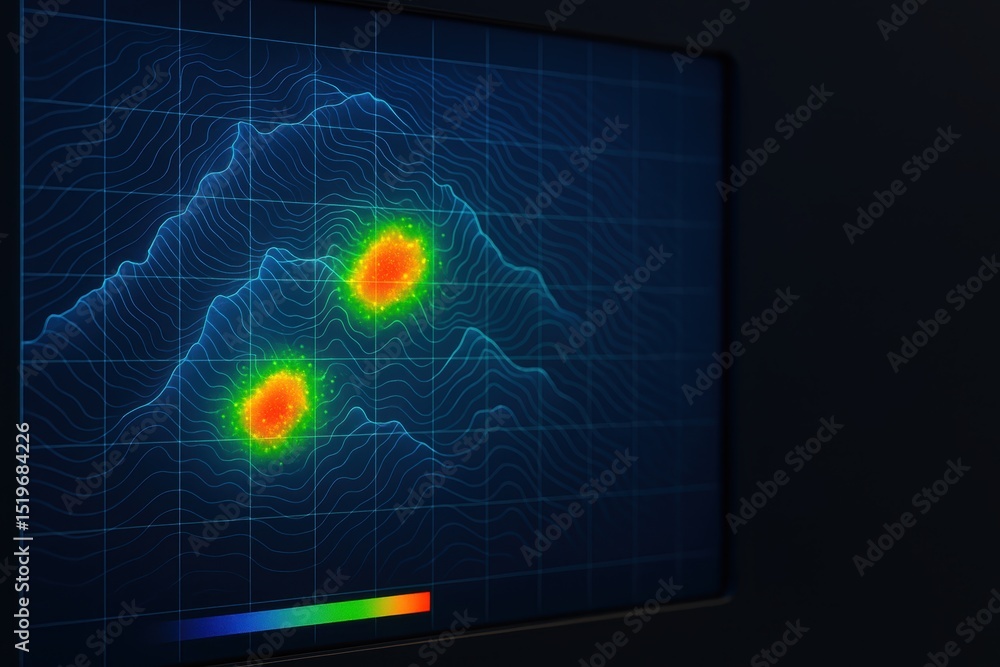 Poster colorful data visualization of heat map with vibrant peaks and contour lines in dark setting