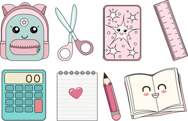 vector cute kawaii school supplies