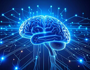 Artificial intelligence brain circuit pattern, digital neural network, technology innovation, blue glowing connections, all pathways clearly defined