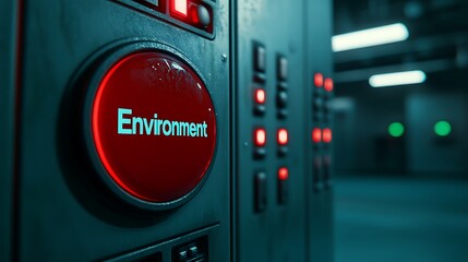 A large red button labeled "Environment" on a control panel in an industrial or technological setting with glowing lights.
