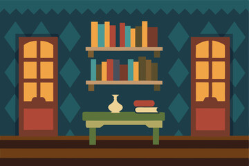 Obraz premium Serene Study Room Bookshelves, Table, and Quiet Elegance