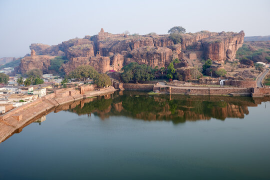 Badami Fort and Agastya Lake in the early morning