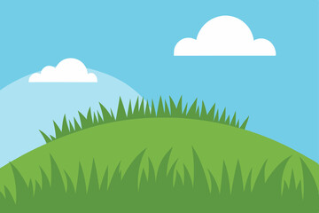 Fototapeta premium Green summer landscape with a blue sky, fluffy clouds, and rolling green hills