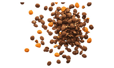 Top view of dry cat food pile, isolated on white background, vector illustration, healthy pet food, dry kibble, cat snack, pet nutrition, natural food for cats, pet care, animal diet.