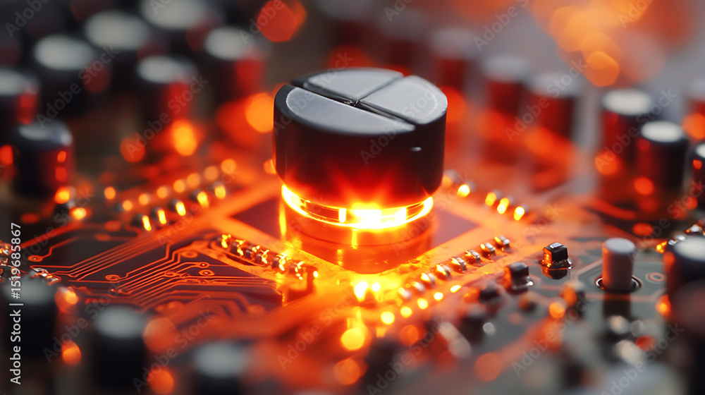 Poster a computer chip is lit up with a red glow. the chip is a small, black, square with a white dot in th