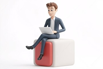 3D Clay Businessman Working on Laptop Sitting on App Cube