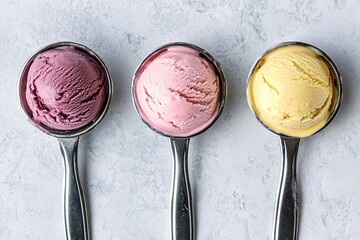 Trio of Vibrant Ice Cream Scoops on Silver Spoons Over Marble