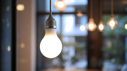 Illuminated Light Bulb in Modern Indoor Café with Warm Ambience