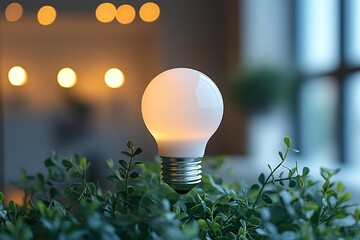 White Light Bulb Emerging from Green Foliage with Warm Indoor Bokeh