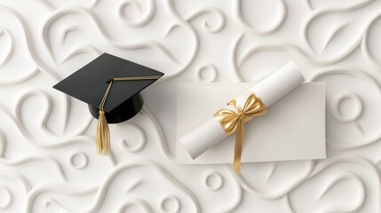 A black graduation cap and a rolled diploma tied with a gold ribbon rest on a white textured background