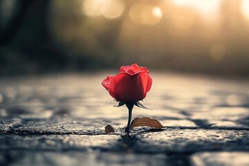 Red Rose Growing from Cracked Pavement under Dramatic Light