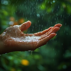 Open Hand Reaching into Falling Rain with Green Blur Background
